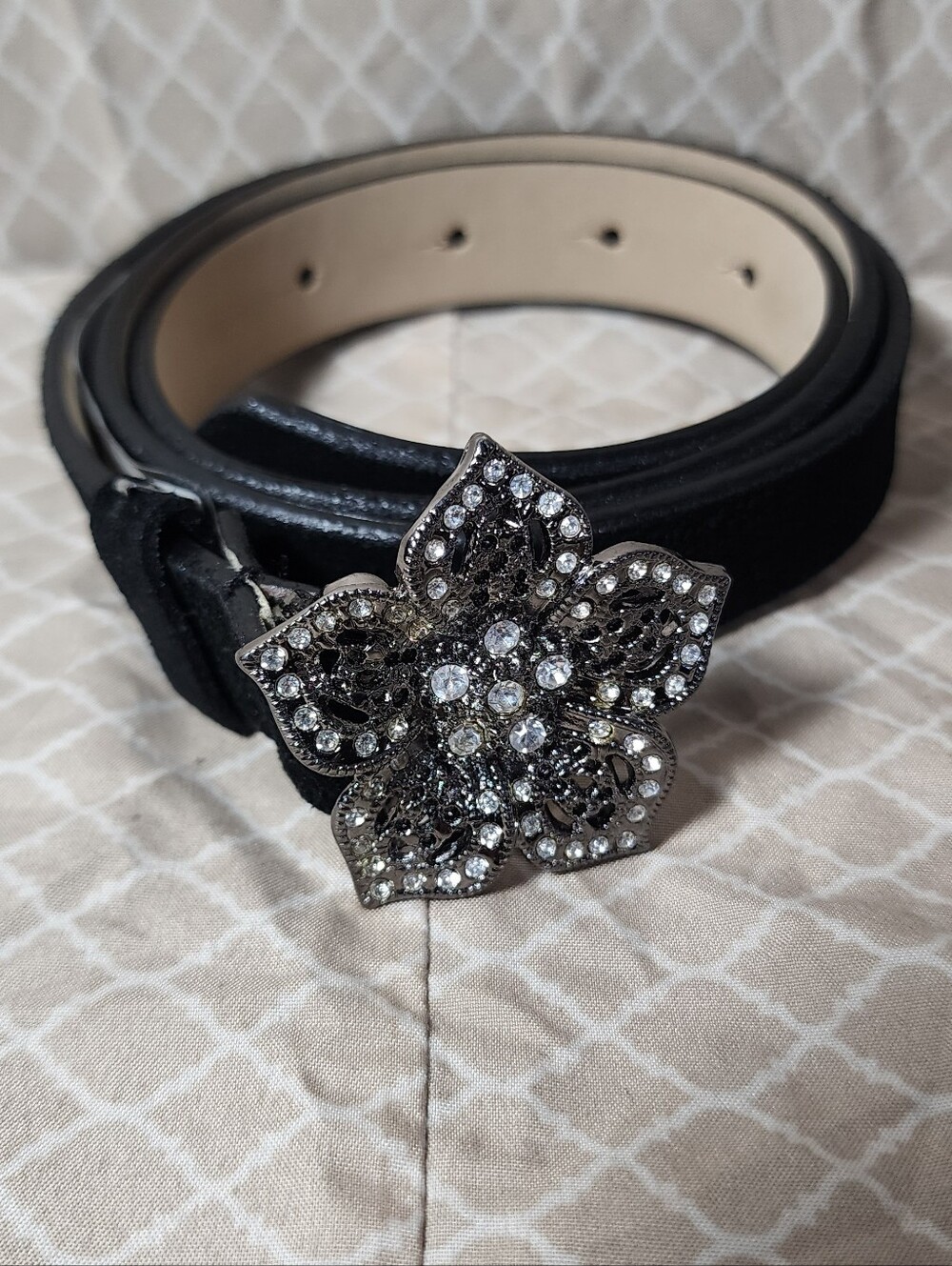 NWT Merona Black Leather Rhinestone Flower Closure Belt Women's Small